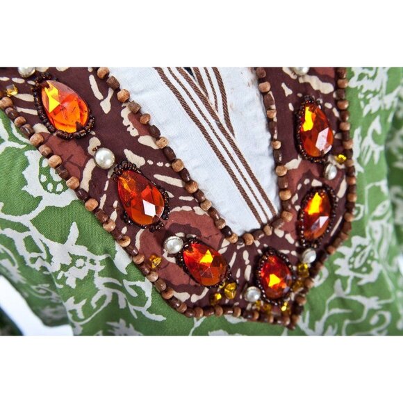 Vtg Soft Surroundings Maxi Dress Kaftan Green White Abstract Pattern Embellished - Picture 2 of 10